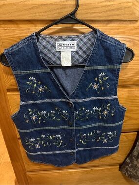 Jantzen Embroidered Dark Blue Denim Vest with Green and White Floral Motif